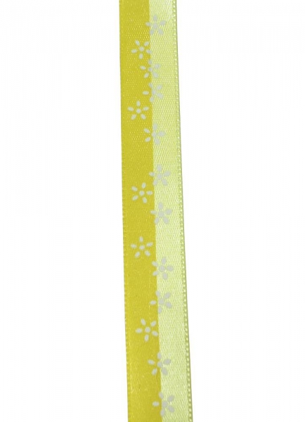 Satinband zweifarbig gelb mit Blumendruck 15mm breit, 20m